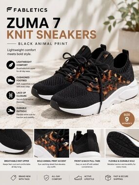 Fabletics Zuma 7 Knit Sneakers Black Animal Print Women’s Size 9 NWT Lace Up